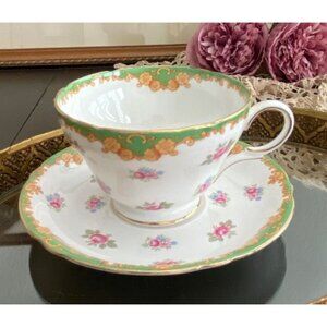 VTG Teacup & Saucer Shelley Fine Bone Primrose Green Yellow Pink Signed & #